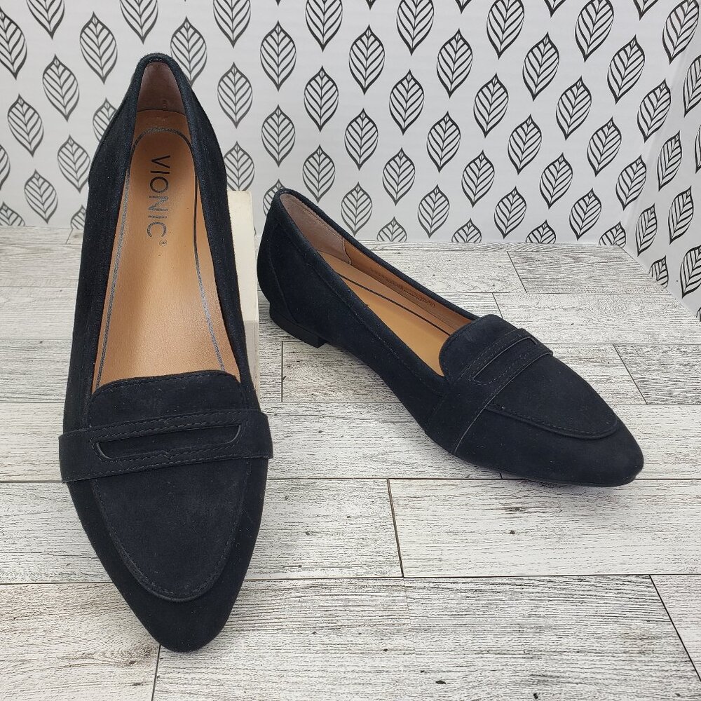 VIONIC Savannah Loafer Flats SIZE 6 Black Suede Slip On Dress Shoes Pointed